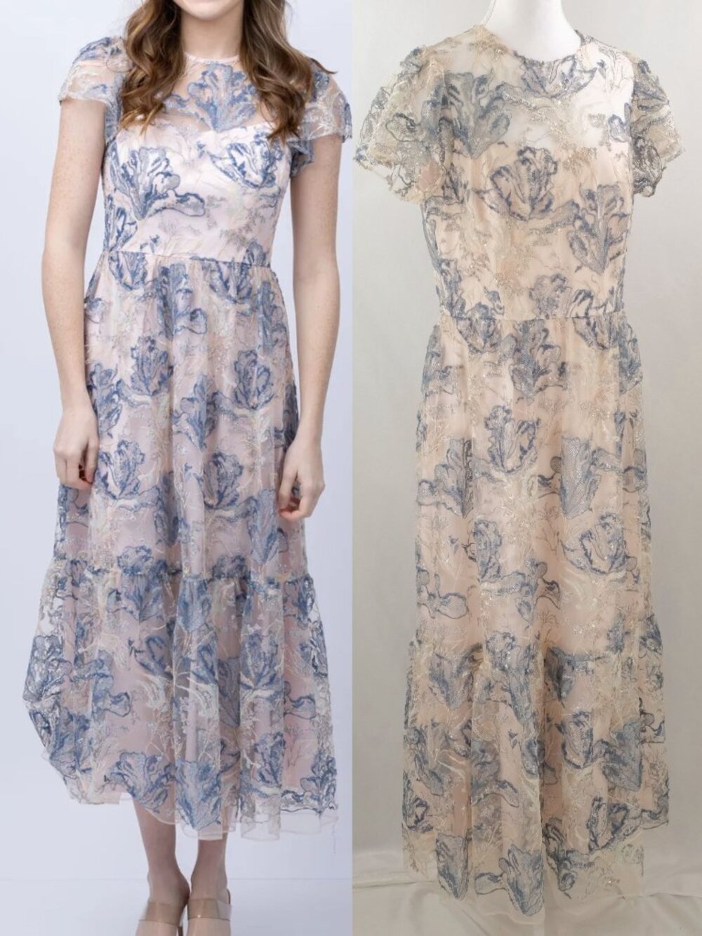 Shoshanna Josephina Floral Mesh Sequined Embroidered Cap Sleeve Midi Dress US 10